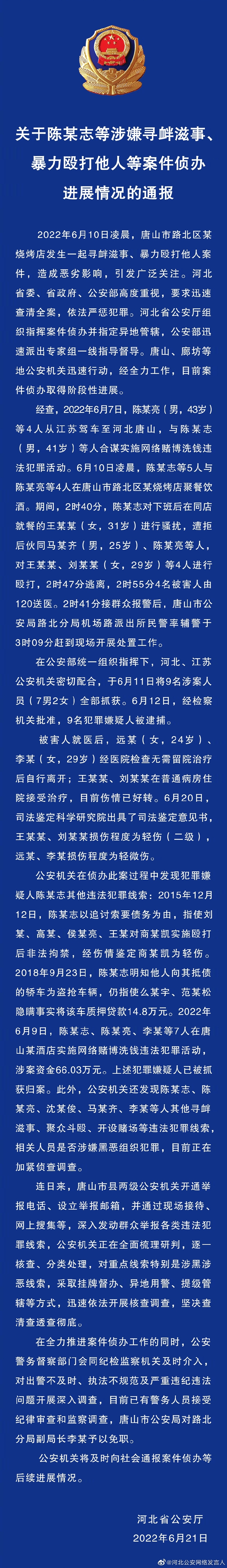 關(guān)于陳某志等涉嫌尋釁滋事、暴力毆打他人等案件偵辦進(jìn)展情況的通報(bào)