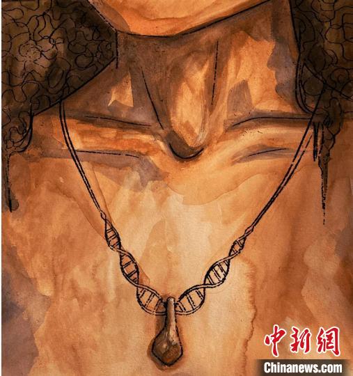 墜飾藝術(shù)再現(xiàn)圖，圖中吊墜繩為DNA螺旋樣式(圖片作者M(jìn)yrthe Lucas)。　施普林格·自然 供圖
