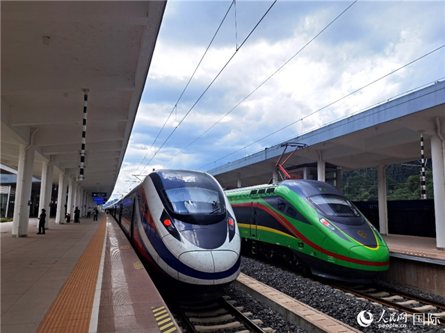 “復(fù)興號”和“瀾滄號”國際旅客列車?？吭诶蠐肽ザ≌?。人民網(wǎng) 杜明明攝