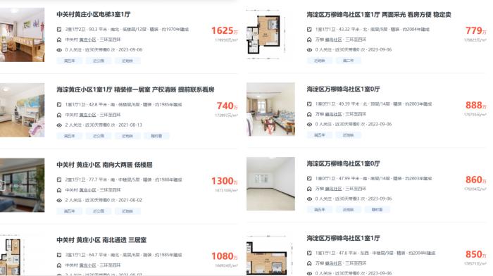 北京市海淀區(qū)部分高單價二手房源截圖。