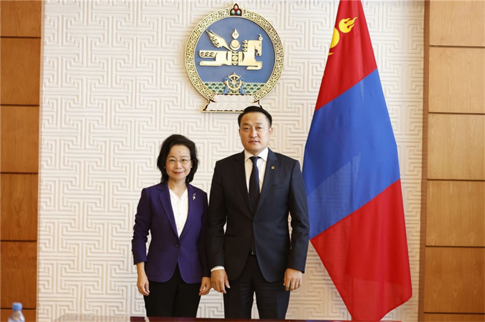 10月31日，中國(guó)駐蒙古國(guó)大使沈敏娟到任拜會(huì)蒙政府辦公廳主任兼蒙古人民黨總書(shū)記阿瑪爾巴伊斯格楞（右）。中國(guó)駐蒙古使館供圖