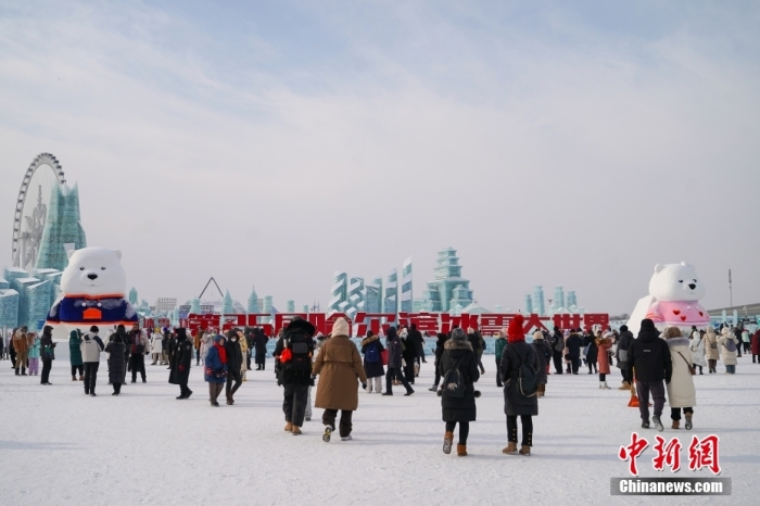1月4日，第25屆哈爾濱冰雪大世界內的冰雕吸引游客觀看。白天的冰雪大世界，游客仿佛置身現(xiàn)實版“冰雪奇緣”。<a target='_blank' href='/'><p  align=