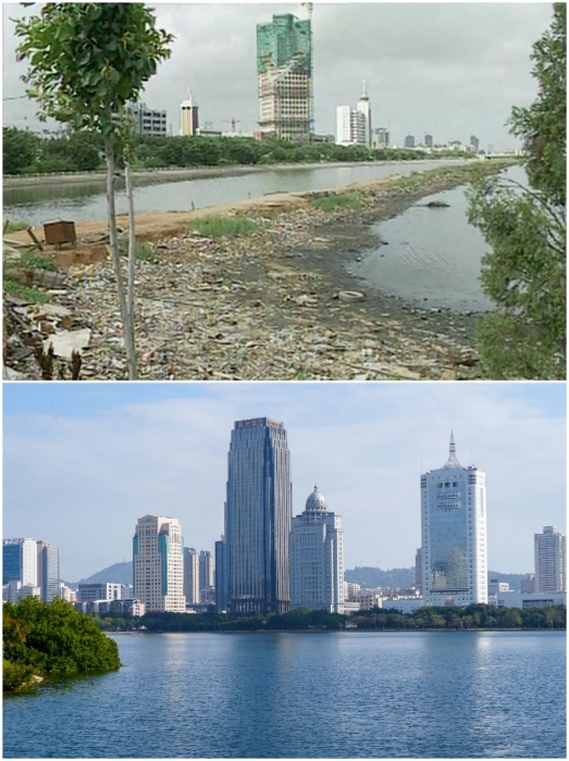 上圖：筼筜湖治理前資料圖。下圖：筼筜湖如今的美麗風光。人民網(wǎng)記者 吳超嵐攝