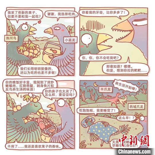根據(jù)此次熱河鳥研究成果繪制的漫畫(燁子/繪)。　中科院古脊椎所 供圖