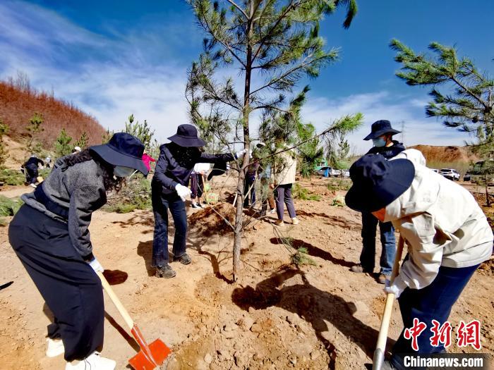 圖為西寧市城東區(qū)干部職工參加義務(wù)植樹?！?zhí)砀?攝