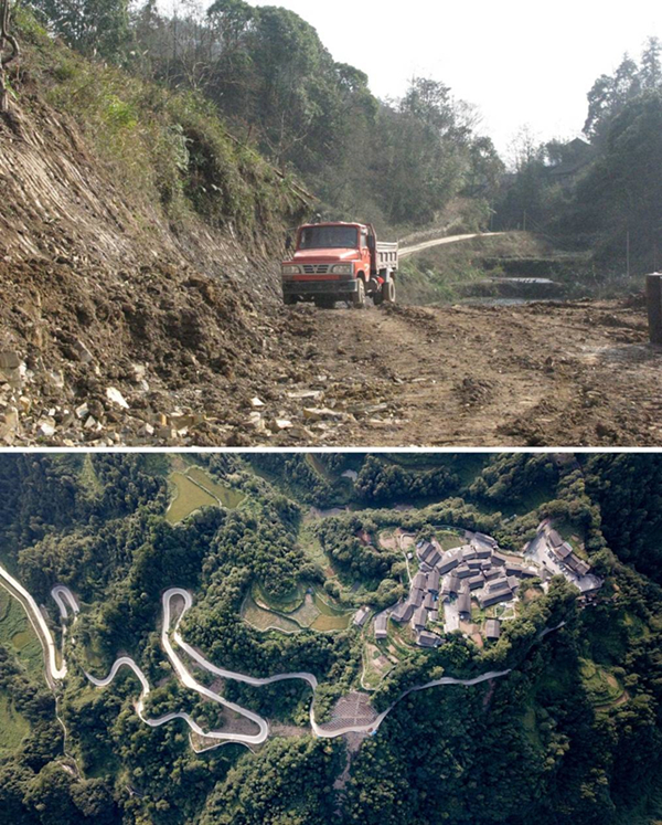 拼版照片：上圖為2011年12月拍攝的湖南省湘西土家族苗族自治州花垣縣十八洞村進(jìn)村道路；下圖為2019年9月拍攝的十八洞村及進(jìn)村道路。