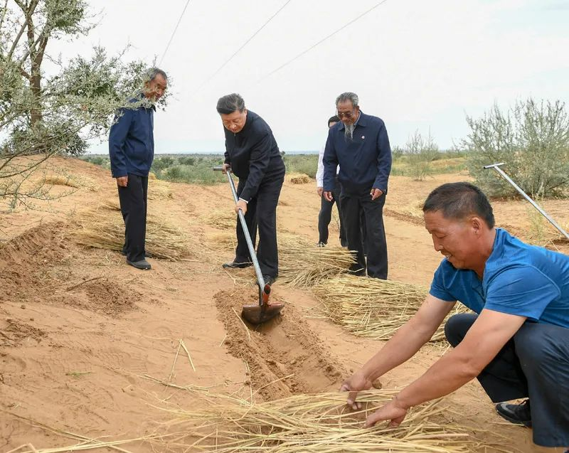 2019年8月21日，習(xí)近平來到甘肅省武威市古浪縣八步沙林場(chǎng)，實(shí)地察看當(dāng)?shù)刂紊吃炝帧⑸鷳B(tài)保護(hù)等情況。新華社記者 謝環(huán)馳 攝