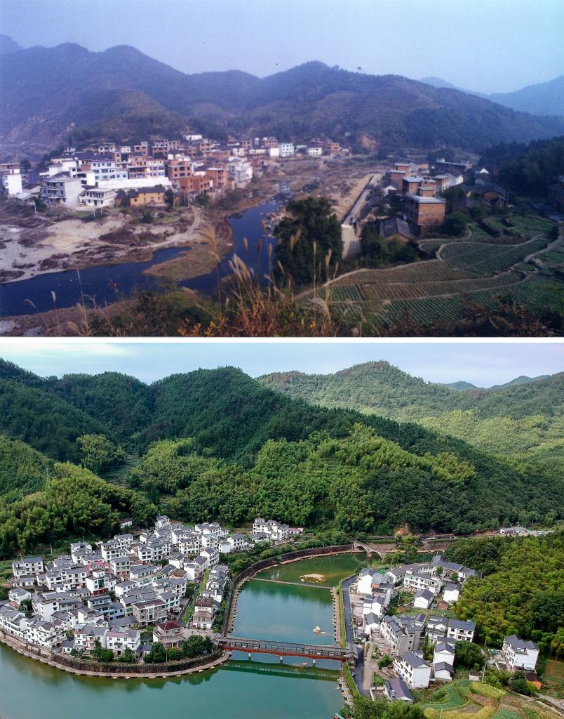 圖為浙江省杭州市淳安縣楓樹嶺鎮(zhèn)下姜村拼版圖，其中上圖為資料照片、下圖由新華社記者張鋮攝。