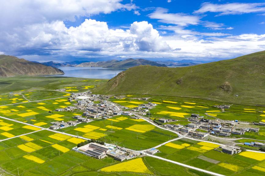 航拍道布龍村，依山傍水，阡陌縱橫。